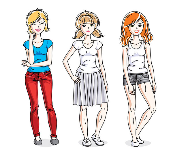 Happy young adult girls female standing wearing casual clothes. Vector characters set.