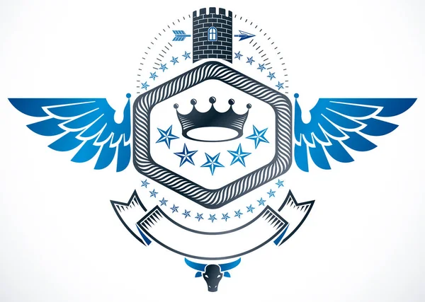 Vintage Award Design Geflügeltes Wappen Vektor Emblem Mit Mittelalterlicher Burg — Stockvektor
