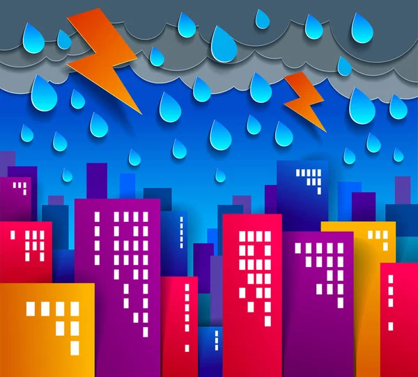 Stadtbild Unter Gewitter Und Blitz Cartoon Vektor Illustration Papier Geschnitten — Stockvektor
