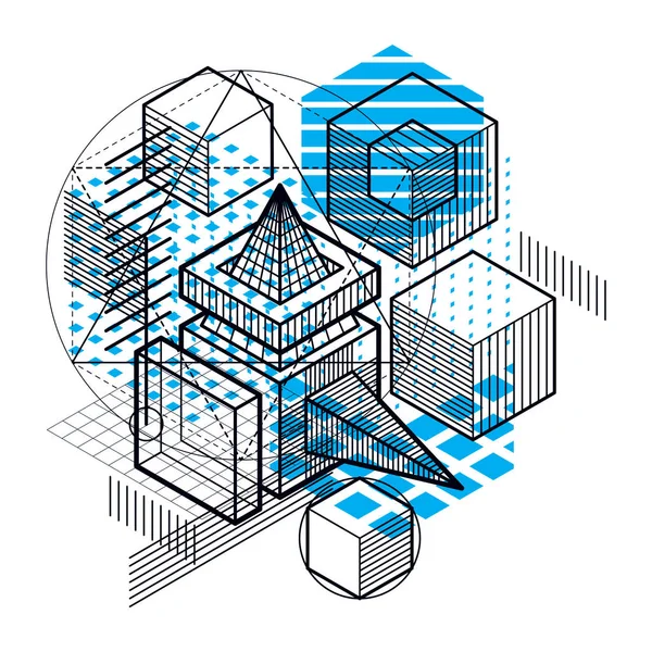 İzometrik doğrusal soyut vektör arka plan, çizgili soyutlama. Küpleri, Altıgenler, kareler, dikdörtgenler ve farklı soyut öğeler.