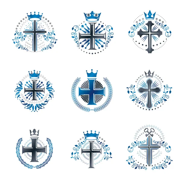 Dini Amblem Seti Haçlar Hanedan Arması Vintage Vektör Logolar Toplama — Stok Vektör