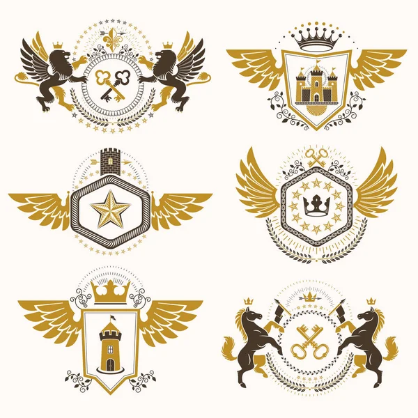 Vintage Emblemas Vectoriales Heráldicos Decorativos Compuestos Por Elementos Como Alas — Vector de stock