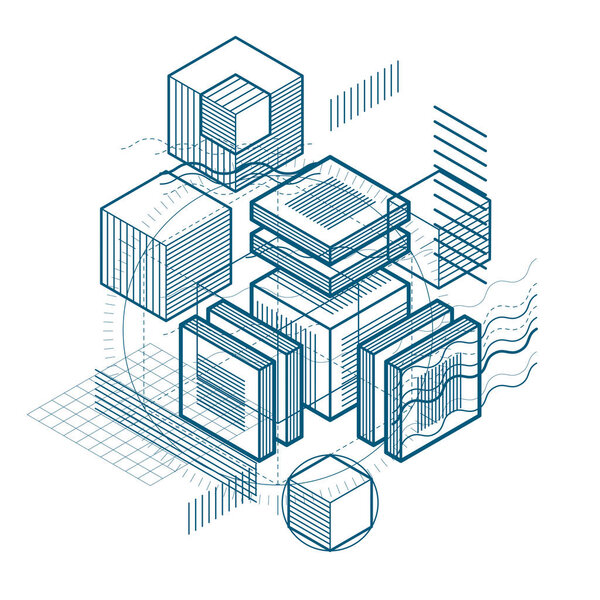 Lines and shapes abstract vector isometric 3d background. Layout of cubes, hexagons, squares, rectangles and different abstract elements.