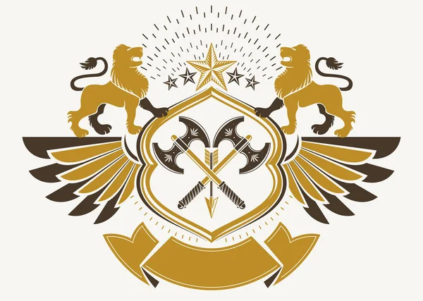 Wappen Als Dekoratives Geflügeltes Emblem Isolierte Vektordarstellung Aus Wilden Löwen — Stockvektor