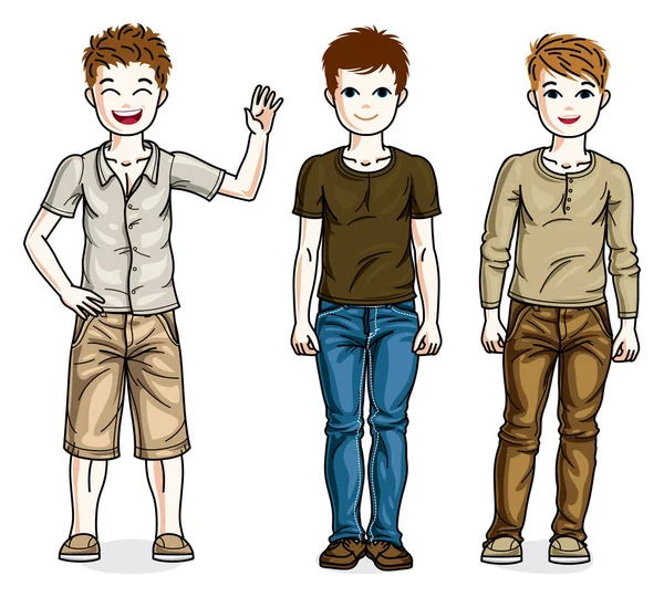 Different Young Teen Boys Cute Children Standing Wearing Fashionable Casual — Stock Vector