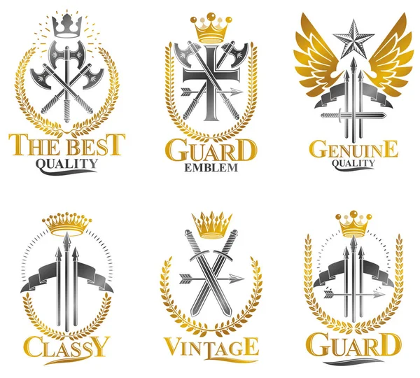 Vintage Weapon Emblems Set Vintage Vektor Design Elemente Kollektion Etikett — Stockvektor