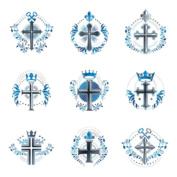 Christian Crosses Emblemas Definidos Heráldica Brasão Braços Logotipos Decorativos Isolado — Vetor de Stock