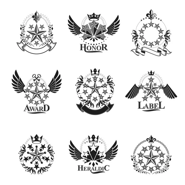 Pentagonal Stars Emblems Set Heraldic Coat Arms Vintage Vector Logos — Stock Vector