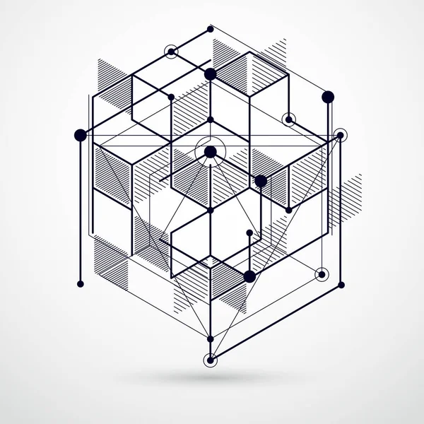 Modern soyut kübik kafes çizgilerinin siyah beyaz arka plan vektörü. Küpler, altıgenler, kareler, dikdörtgenler ve farklı soyut elementlerin yerleşimi. Soyut teknik 3B arkaplan.