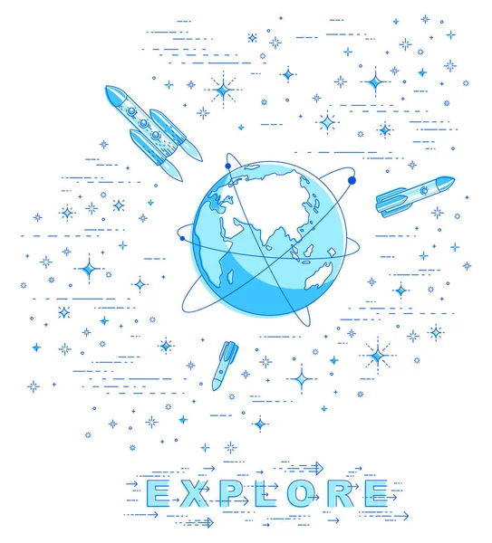 Terra Espaço Nosso Planeta Enorme Cosmos Cercado Por Foguetes Asteróides — Vetor de Stock