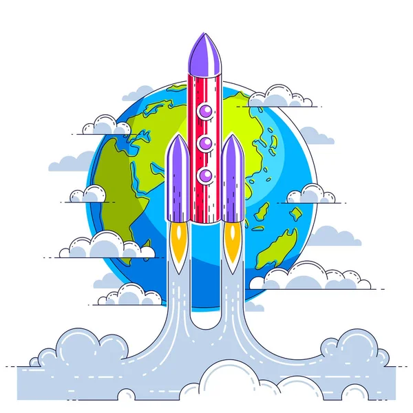 バック グラウンドで地球で未知の空間にロケット打ち上げ 息を呑む宇宙科学の宇宙を探る 細い線 ベクトル図白で隔離 — ストックベクタ