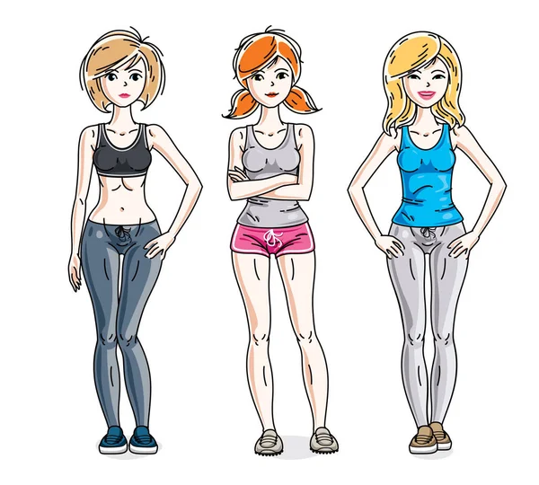 Glückliche Hübsche Junge Frauen Stylischer Sportbekleidung Vektorvielfalt Menschen Illustrationen Gesetzt — Stockvektor