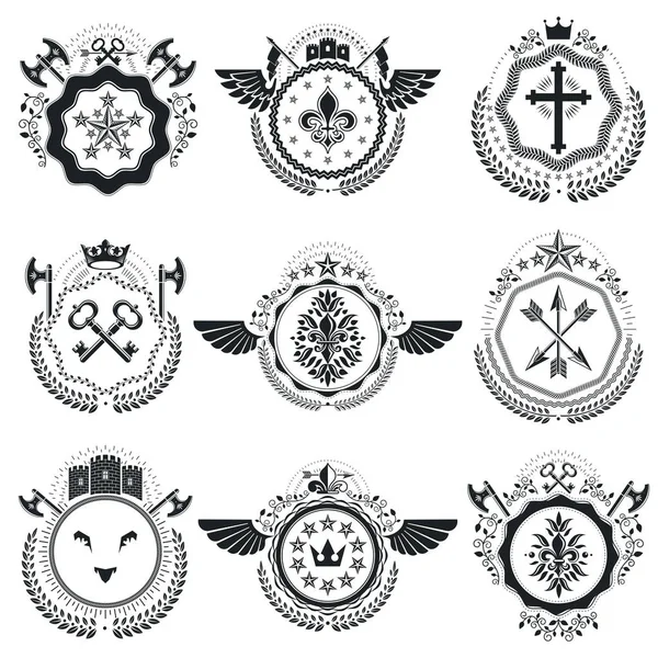 Escudo Heráldico Emblemas Decorativos Colección Símbolos Estilo Vintage — Archivo Imágenes Vectoriales