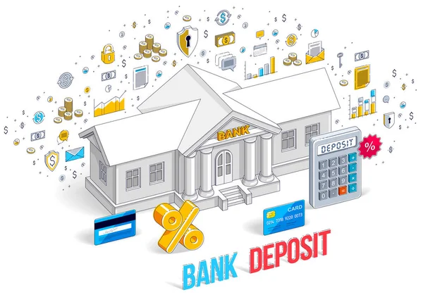 Concepto Depósito Edificio Bancario Con Calculadora Aislada Sobre Fondo Blanco — Archivo Imágenes Vectoriales