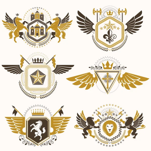ヴィンテージの装飾的な紋章のベクトル紋章は鷲の翼 宗教的な十字 武器庫と中世の城 動物のような要素で構成されています 上品な象徴的なイラスト集 — ストックベクタ