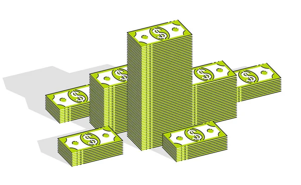 Soldi Contanti Dollari Pile Isolate Sfondo Bianco Illustrazione Isometrica Del — Vettoriale Stock