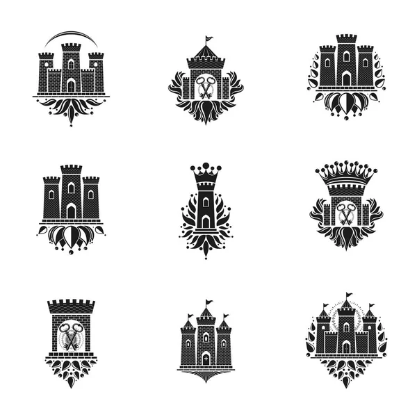 Conjunto Emblemas Fortalezas Antiguas Escudo Armas Heráldico Colección Logos Vectores — Archivo Imágenes Vectoriales