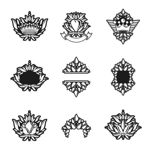 王室のシンボルは 花柄とクラウン エンブレム セット 紋章のベクトル デザイン要素のコレクション レトロなスタイルのラベル 紋章ロゴ — ストックベクタ