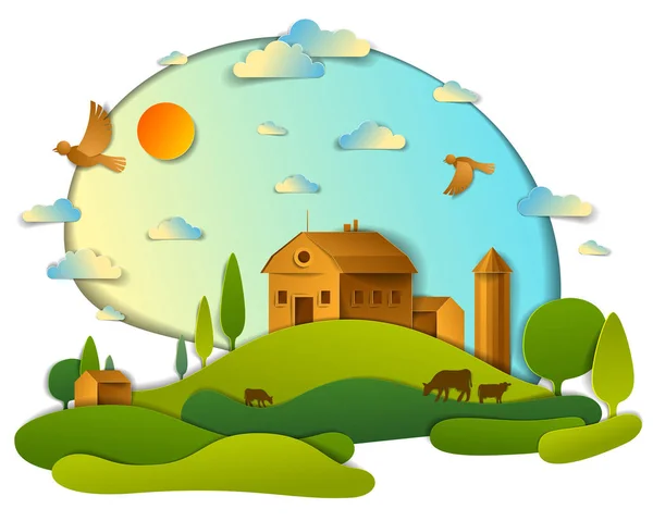 Scenic landscape of farm buildings among meadows trees and birds in the sky, vector illustration of summer time relaxing nature in paper cut style. Countryside beautiful ranch.