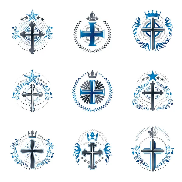 Croix Emblèmes Religieux Ensemble Armoiries Héraldiques Collection Logos Vectoriels Vintage — Image vectorielle