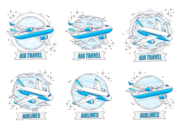 Aerolíneas Emblemas Viajes Aéreos Ilustraciones Con Avión Avión Línea Forma — Vector de stock