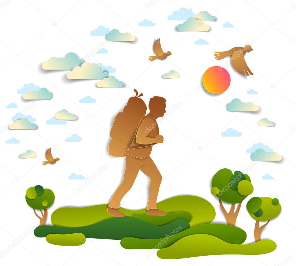 Young active man hiking to nature with grasslands and trees, vector illustration of beautiful summer scenic landscape, birds in the sky, holidays.