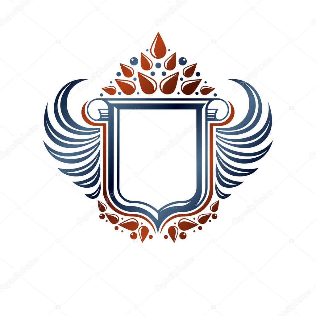 Blank heraldic coat of arms decorative emblem with copy space and cartouche. Empty winged protection shield emblem created with lily flower, isolated vector illustration.