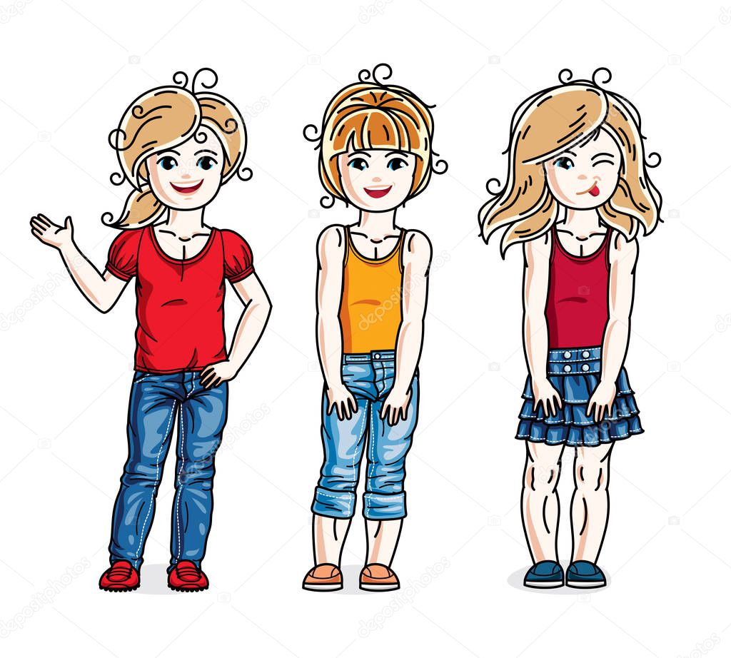 Different cute little girls standing wearing casual clothes. Vector set of beautiful kids illustrations.