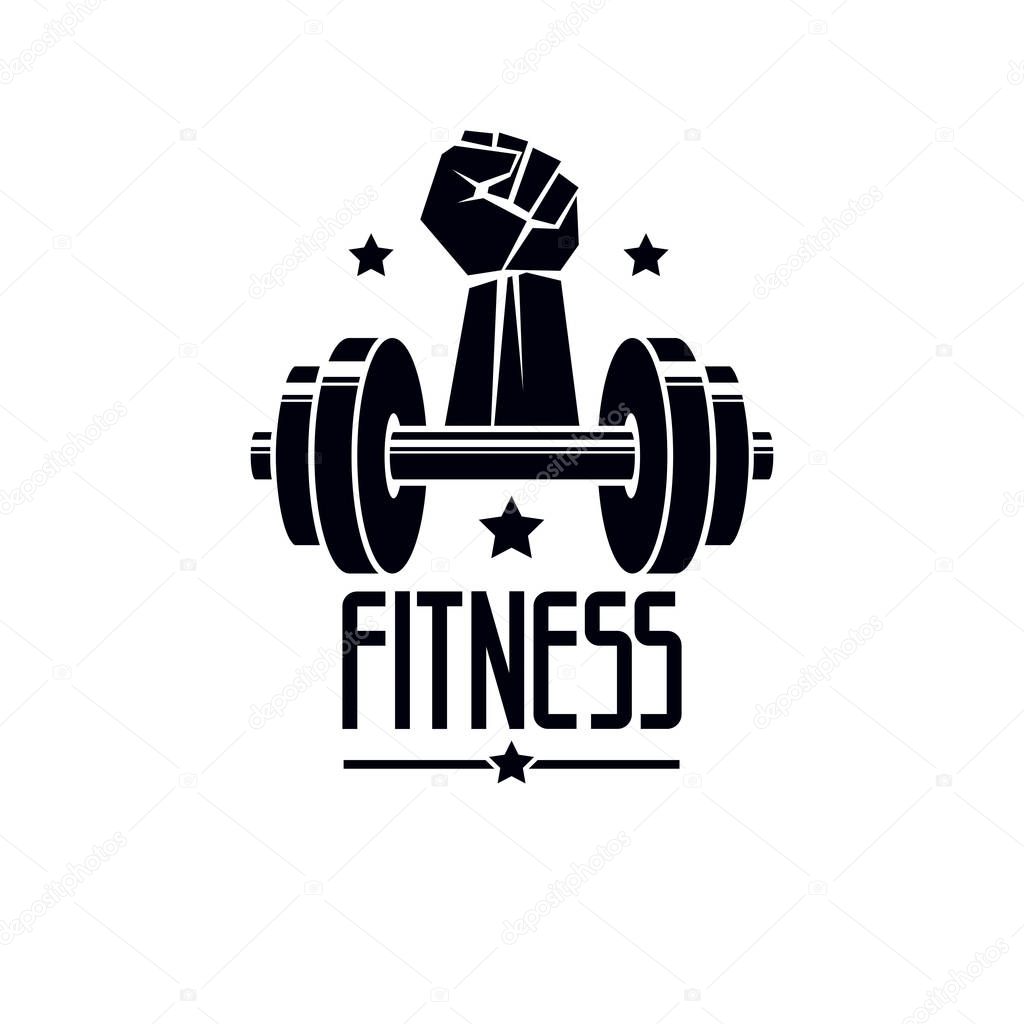 Gym and fitness logo template, retro style vector emblem. With barbell and strong hand fist.