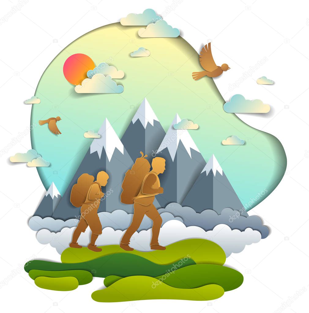 Father and son hiking to nature with mountain range, active men, fatherhood and teenager son growing masculine. Vector illustration of beautiful summer scenic landscape, birds in the sky, holidays.