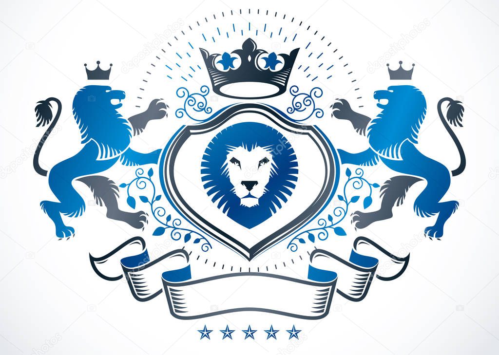 Vintage decorative emblem composed with wild lion illustration and imperial crown, heraldic vector. 