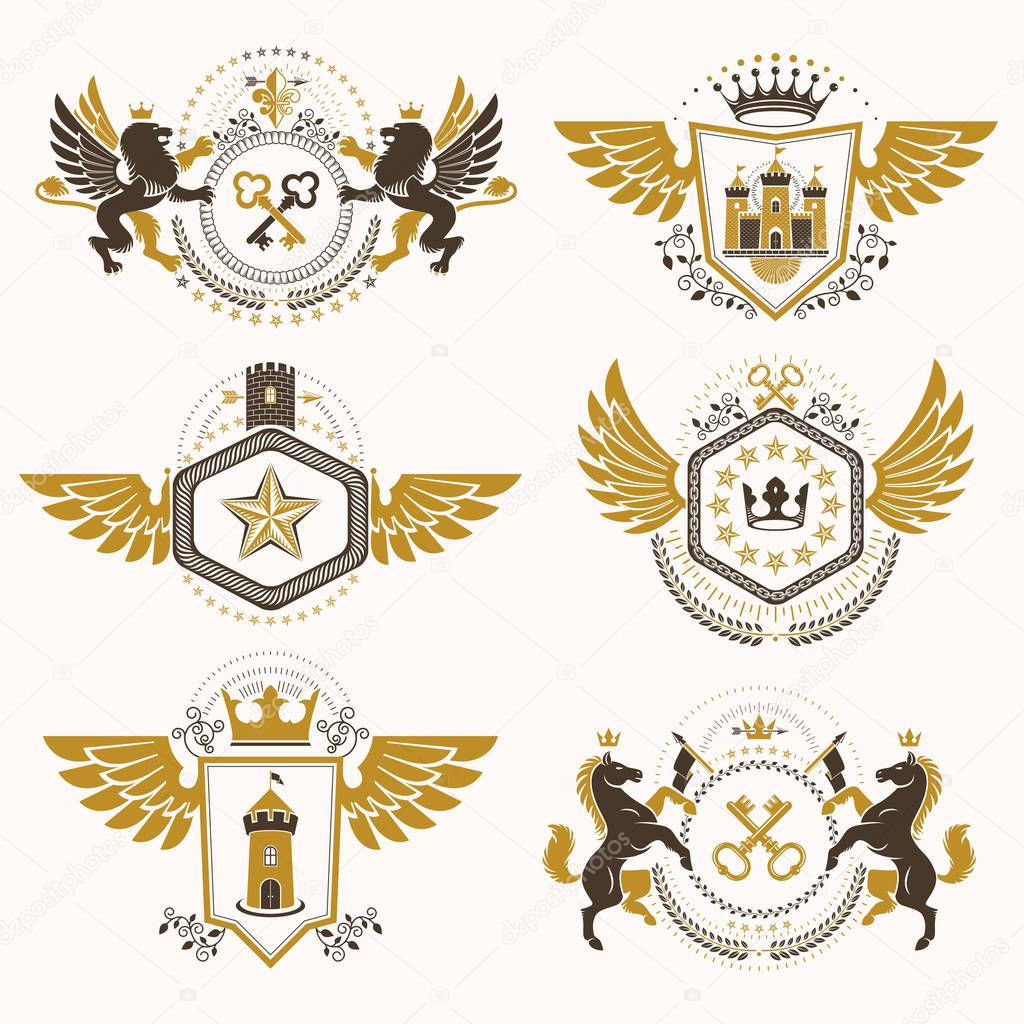 Vintage decorative heraldic vector emblems composed with elements like eagle wings, religious crosses, armory and medieval castles, animals. Collection of classy symbolic illustrations. 