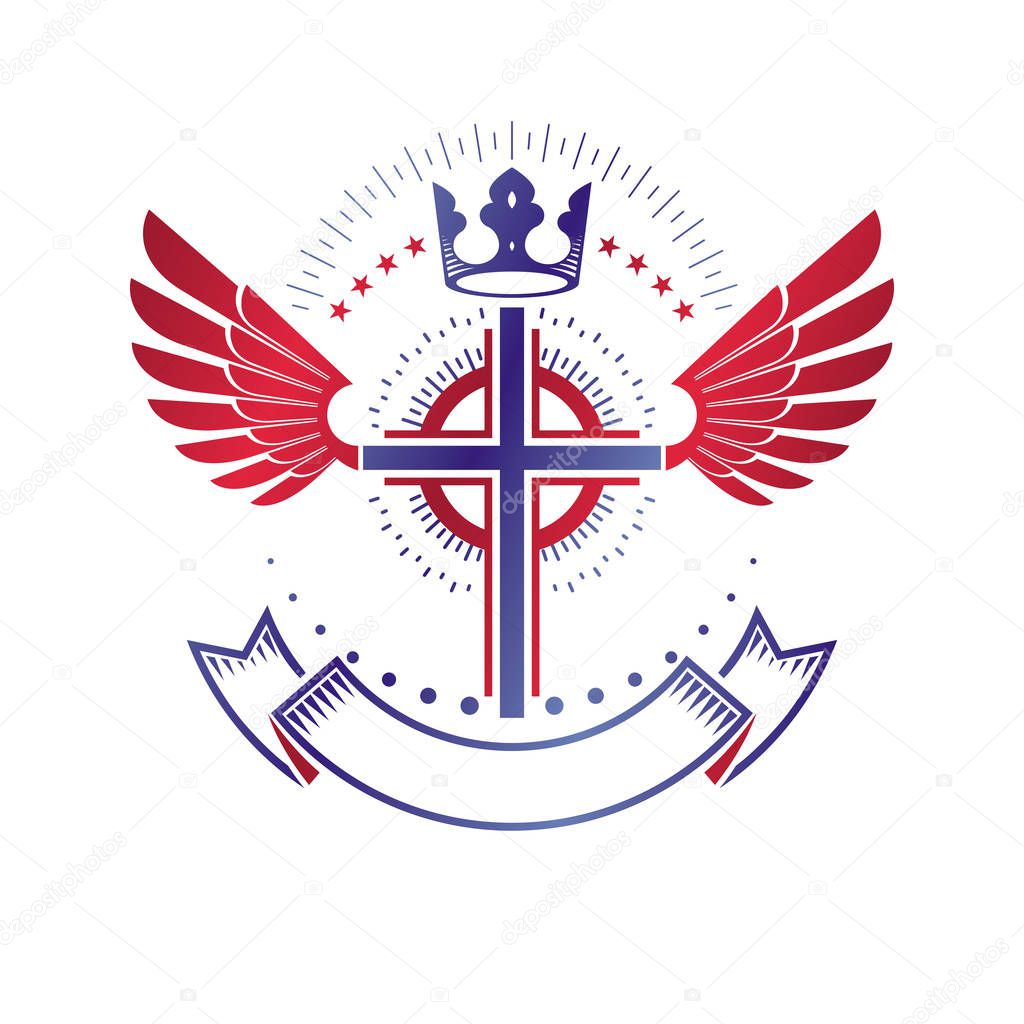 Winged Christian Cross emblem composed with royal crown and luxury ribbon. Heraldic Coat of Arms decorative logo isolated vector illustration. Religion and spirituality theme symbol.