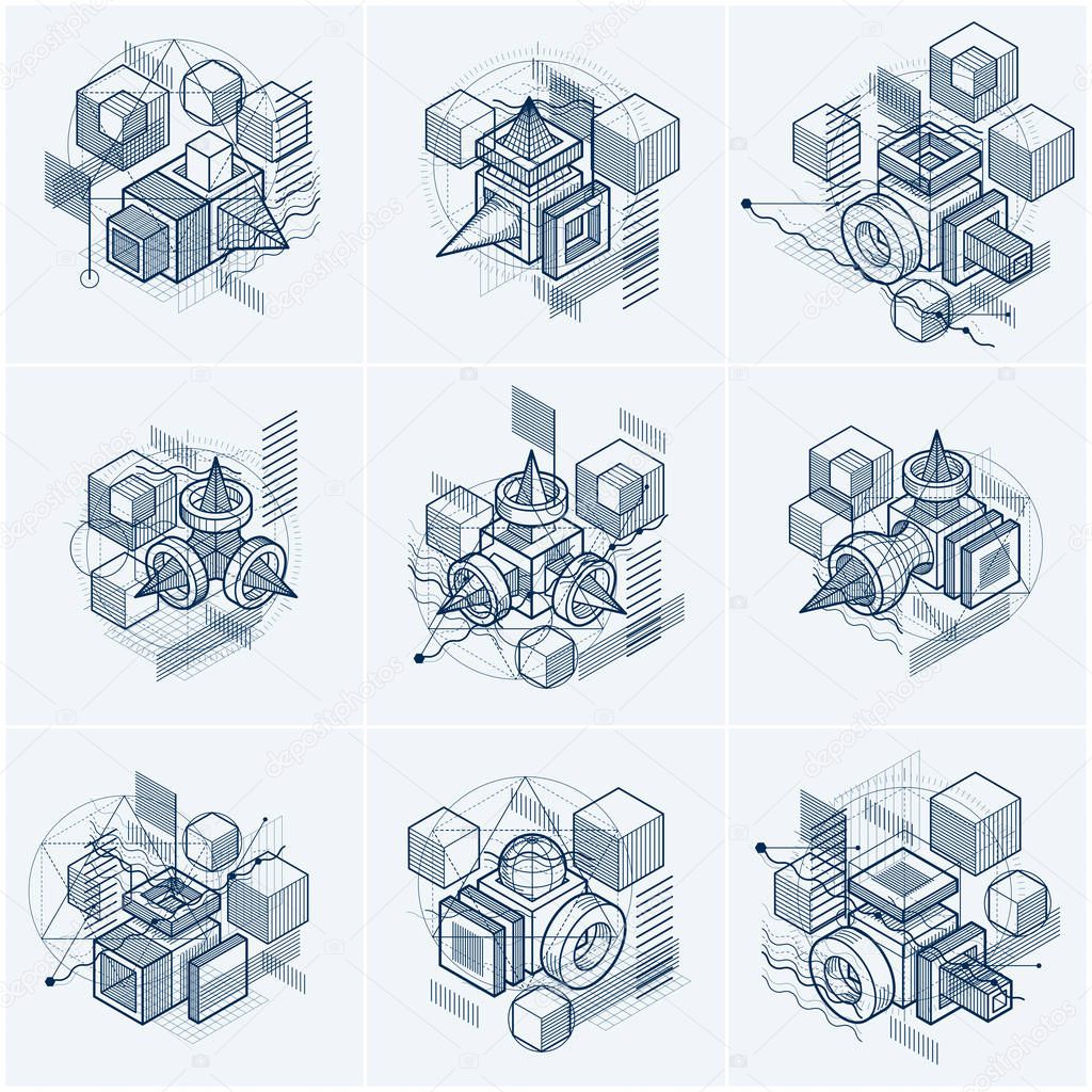 Isometric abstractions with lines and different elements, vector abstract backgrounds. Compositions of cubes, hexagons, squares, rectangles and different abstract elements. Vector set.