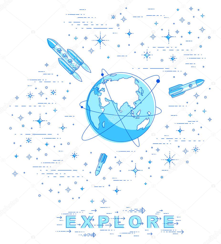 Earth in space, our planet in huge cosmos surrounded by rockets, asteroids and stars. Cartoon science universe. Thin line 3d vector illustration isolated on white.