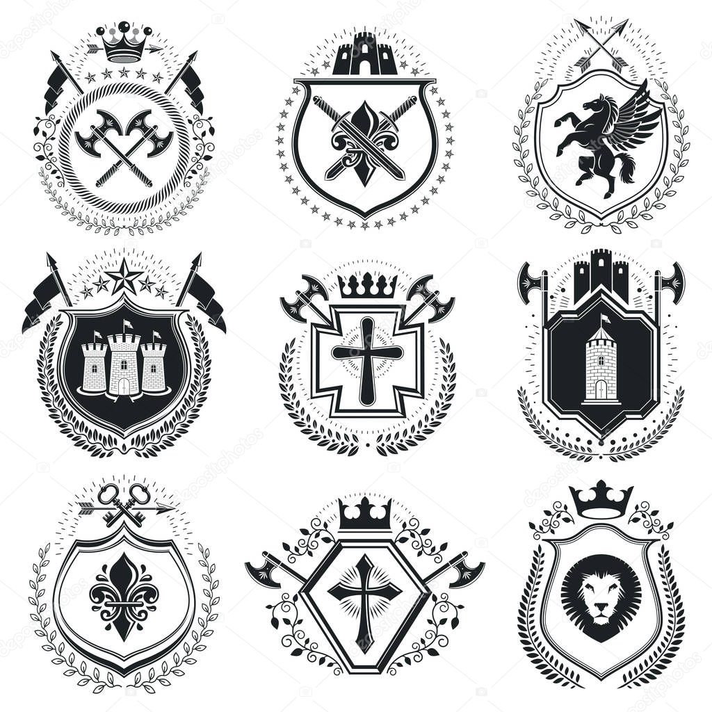 Vintage award designs, vintage heraldic Coat of Arms. Vector emblems. Vintage design elements collection.