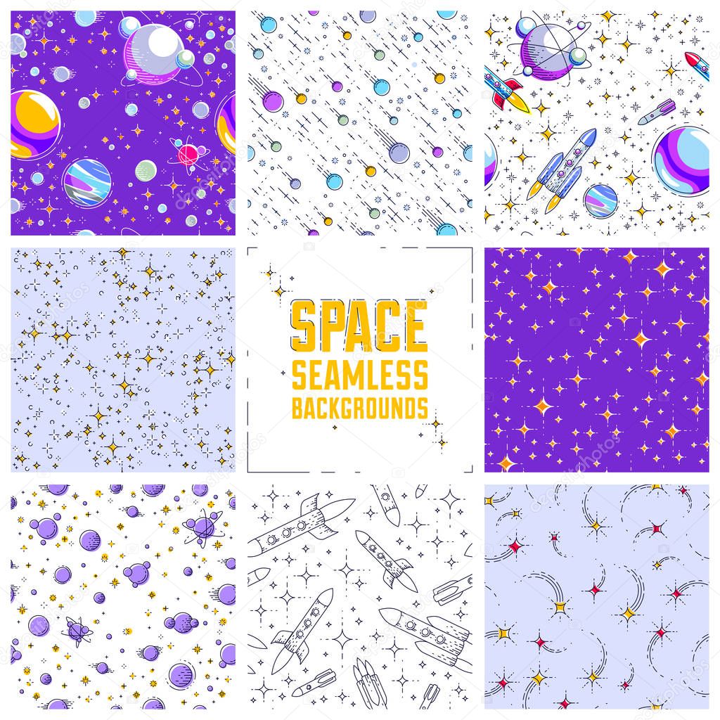 Set of seamless space backgrounds with rockets, planets, asteroids, comets, meteors and stars, undiscovered deep cosmos fantastic textiles fabric for children, endless tiling pattern, vector.