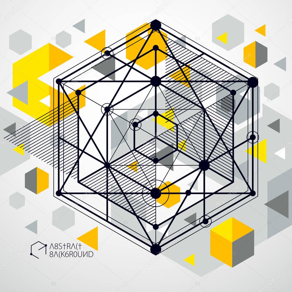 Geometric technology vector yellow drawing, 3D technical wallpaper. Illustration of engineering system, abstract technological backdrop. Abstract technical background.