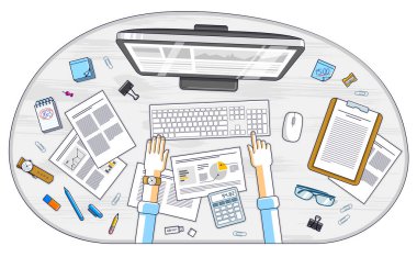 İş analizi, ofis çalışanı veya girişimci işadamı bir Pc bilgisayar ve Finansal analizi ile kağıtları, ileti örneği ve belgeleri ve eller ile çalışma masası üstten görünüm üzerinde çalışıyoruz. Vektör. 