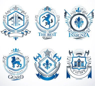 Hanedan vintage vektör öğeleri, hayvanlar, kuleleri, kron ve yıldız ile oluşturulan arması. Klas sembolik Amblemler koleksiyonu, vektör set.