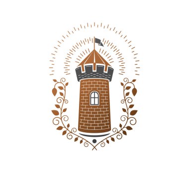 Eski Fort amblemi. Hanedan arması dekoratif logo vektör illüstrasyon izole. Beyaz arka plan üzerinde eski tarzda süslü logo.