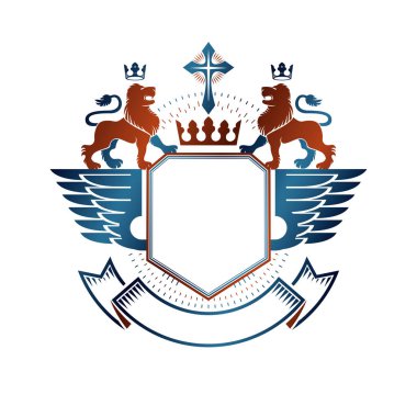 Aslan hanedan hayvan öğesi, royal crown ve dini haç ile grafik amblemi. Hanedan Arması izole dekoratif logo vektör çizim.
