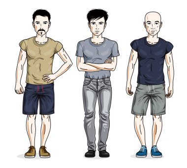 Yakışıklı genç erkekler şık rahat giysiler içinde poz. Güzel insanlar çizimler vektör kümesi. Yaşam tarzı tema erkek karakterler.