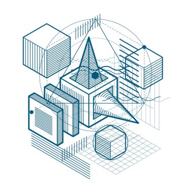 İzometrik soyutlama hatları ve farklı öğeleri, vektör arka plan. Kompozisyon küpleri, Altıgenler, kareler, dikdörtgenler ve farklı soyut öğeler.