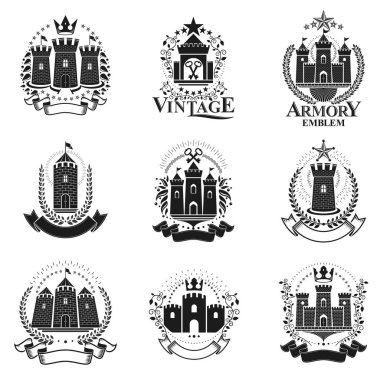 Antik burç Amblemler ayarlayın. Hanedan vektör tasarım öğeleri koleksiyonu. Retro tarzı etiket, Hanedanlık armaları logosu.