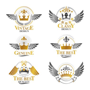 Majestic Crowns amblemleri yerleştirildi. Arms dekoratif logoları Heraldic Coat izole edilmiş vektör çizimleri koleksiyonu.