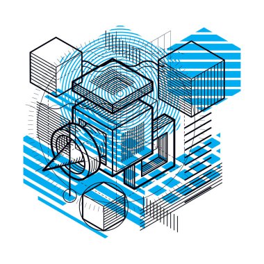 3D soyut vektör izometrik arka plan. Küpleri, Altıgenler, kareler, dikdörtgenler ve farklı soyut öğeler düzenini.