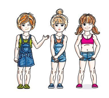 Sevimli küçük kız ayakta moda rahat kıyafetler giyiyor. Güzel çocuklar çizimler vektör kümesi. Çocukluğu ve ailesi yaşam tarzı küçük resim.