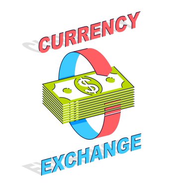 Döviz Alım Satım kavramı, nakit para yığını radyal döngü oklarla. 3D izometrik iş ve finans illüstrasyon vektör, ince çizgili Tema.