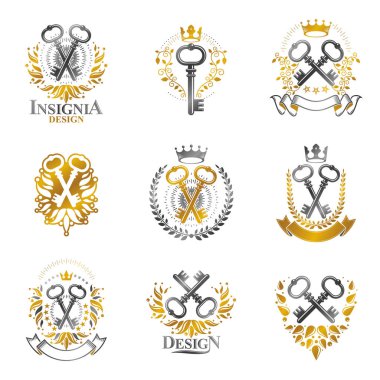 Eski Turnkey Keys amblemleri ayarlandı. Heraldik vektör tasarım elemanları koleksiyonu. Retro biçim etiketi, heraldry logosu.